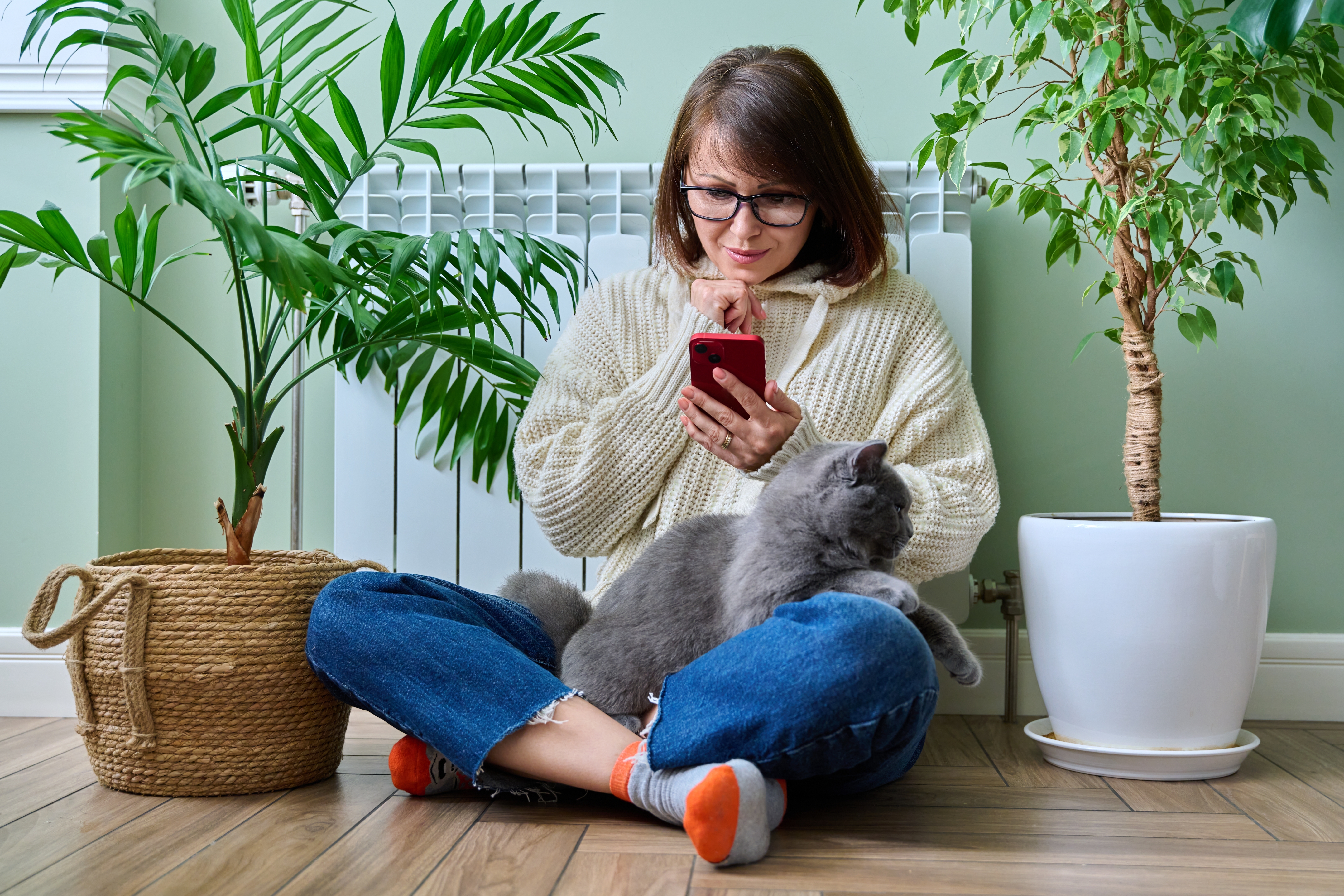 A woman sat on the floor on her phone with a grey cat in her lap